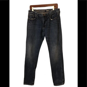 Distressed slim fit tapered jeans Classic blue Denim . everyday casual basic